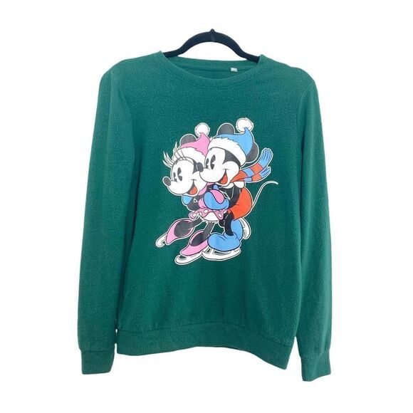 Vintage Disney Mickey & Minnie Mouse Crew Neck Fleece Sweater XS Dark Green - Picture 1 of 4